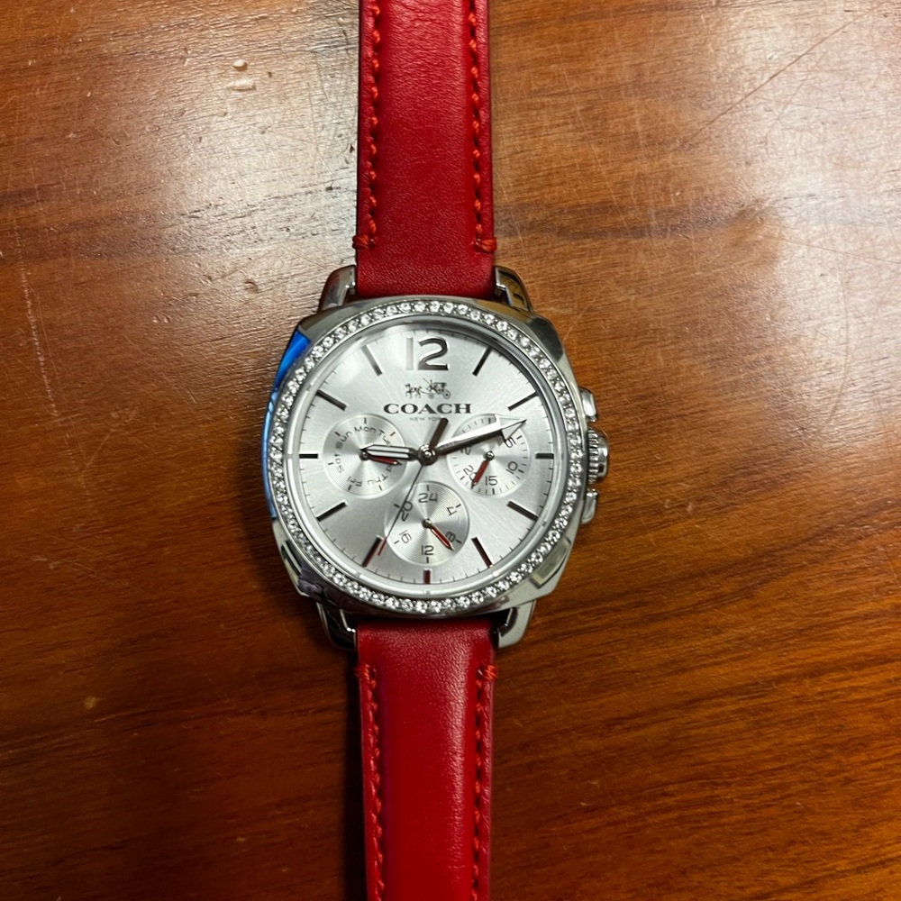 COACH Boyfriend Watch with Crystal Bezel and Red Leather Strap